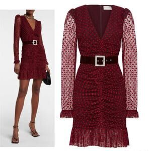 NWT $524 REBECCA VALLANCE Midnight Kiss Long Sleeve Flocked Dot Lace Mini Dress